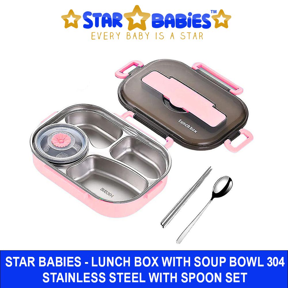 Star Babies - 4 Compartments Leak-proof Bento Lunch Box With Spoon - Pink