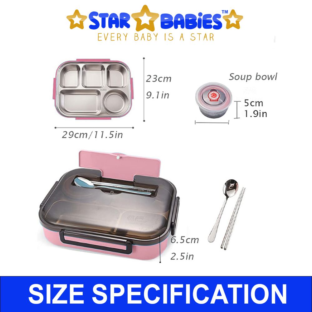 Star Babies - 4 Compartments Leak-proof Bento Lunch Box With Spoon - Pink