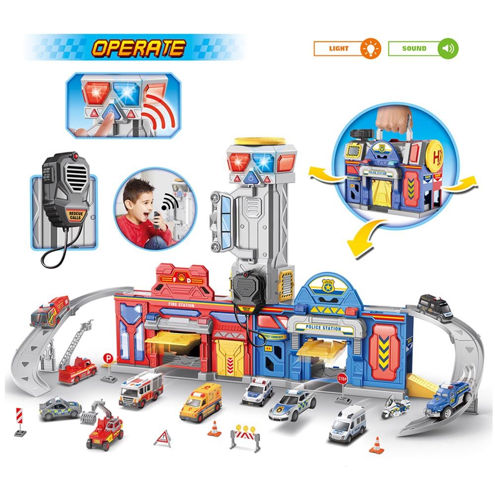 Stem - 2-In-1 Rescue Patrol Fire And Police Station Playset With 6 Racers