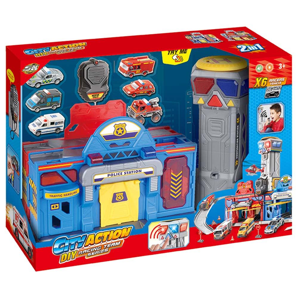 Stem - 2-In-1 Rescue Patrol Fire And Police Station Playset With 6 Racers