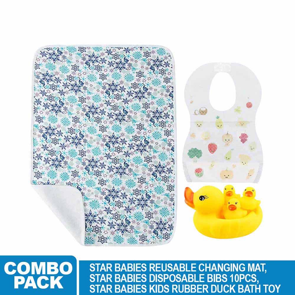 Star Babies - Reusable Changing Mat 3pcs With Rubber Duck Toy 4pcs & Bibs 10pcs - Light Blue