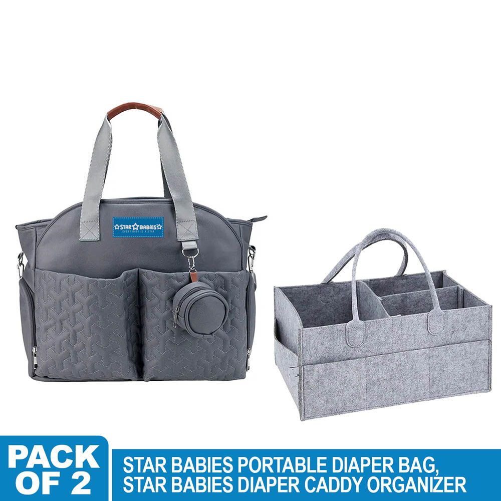 Star Babies - Diaper Portable Bag With Pacifier Bag - L With Portable Diaper Caddy Organizer - Grey