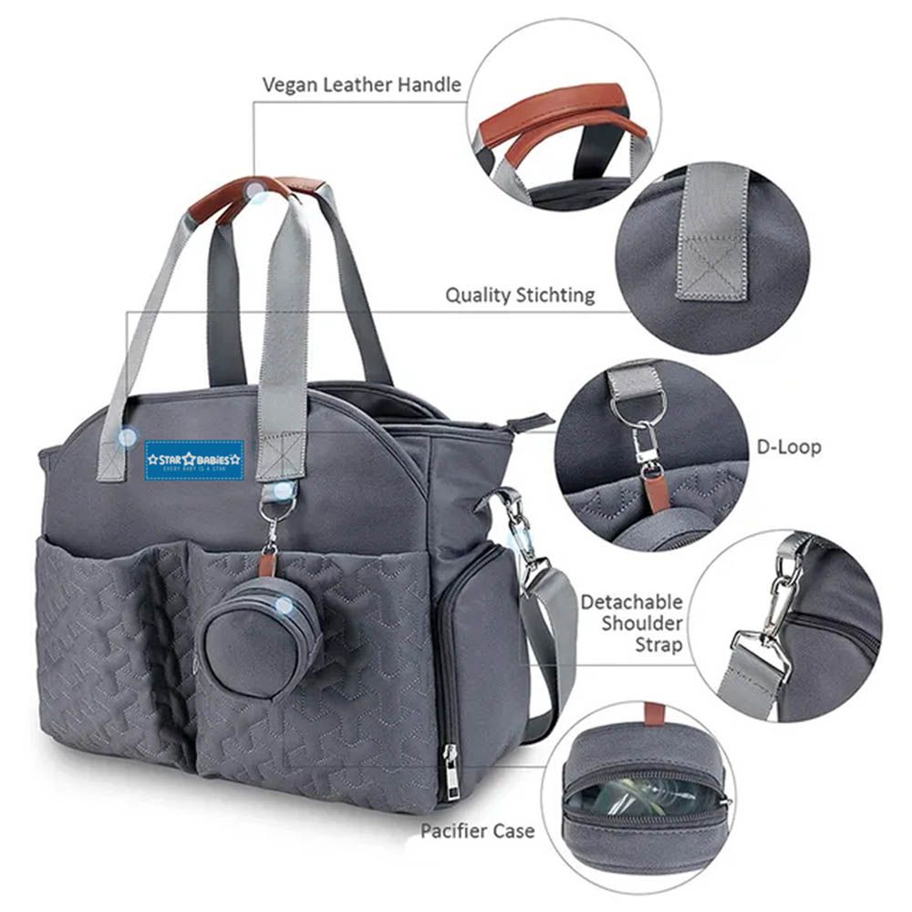 Star Babies - Diaper Portable Bag With Pacifier Bag - L With Portable Diaper Caddy Organizer - Grey