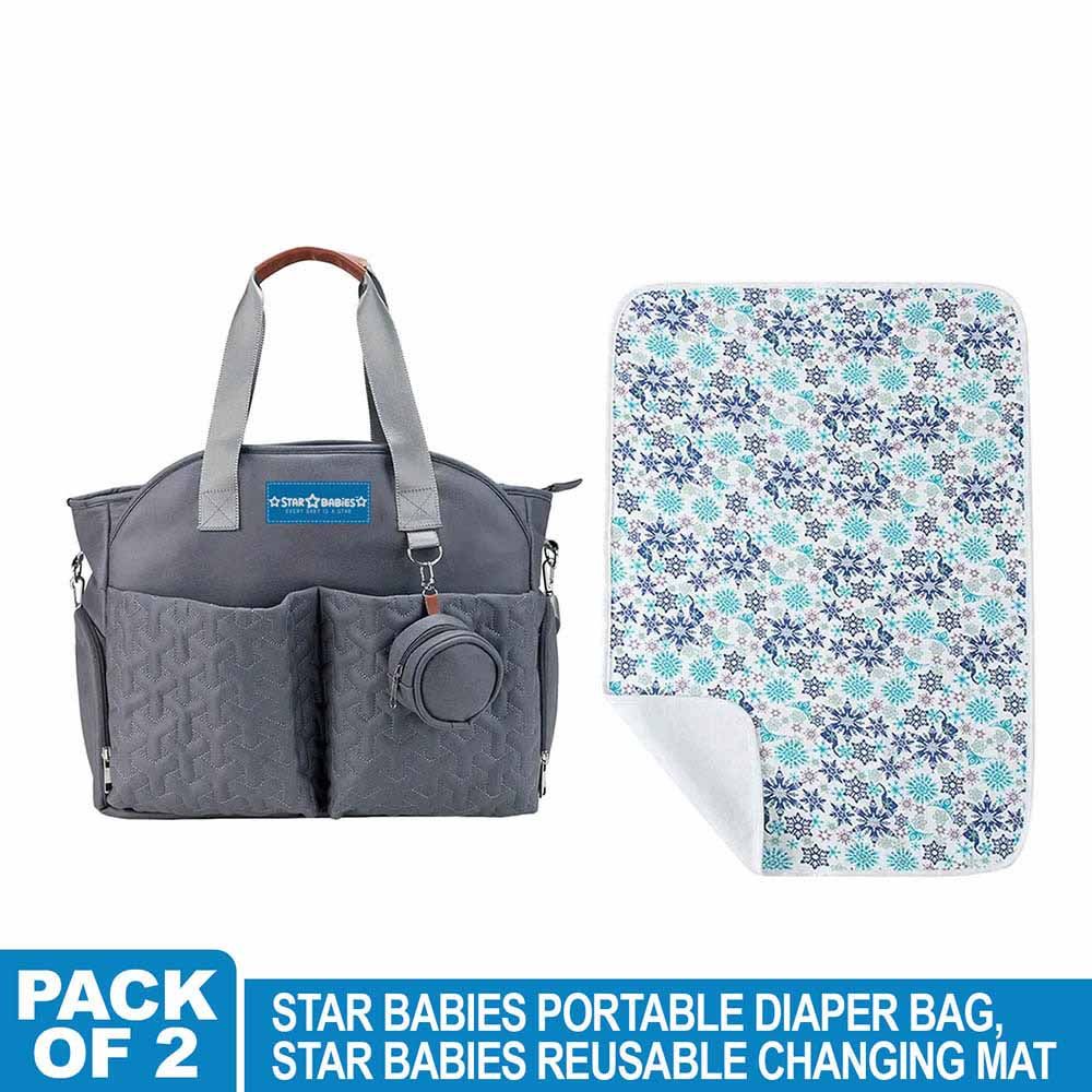 Star Babies - Diaper Portable Bag With Reusable Changing Mat Printed Flower - Blue