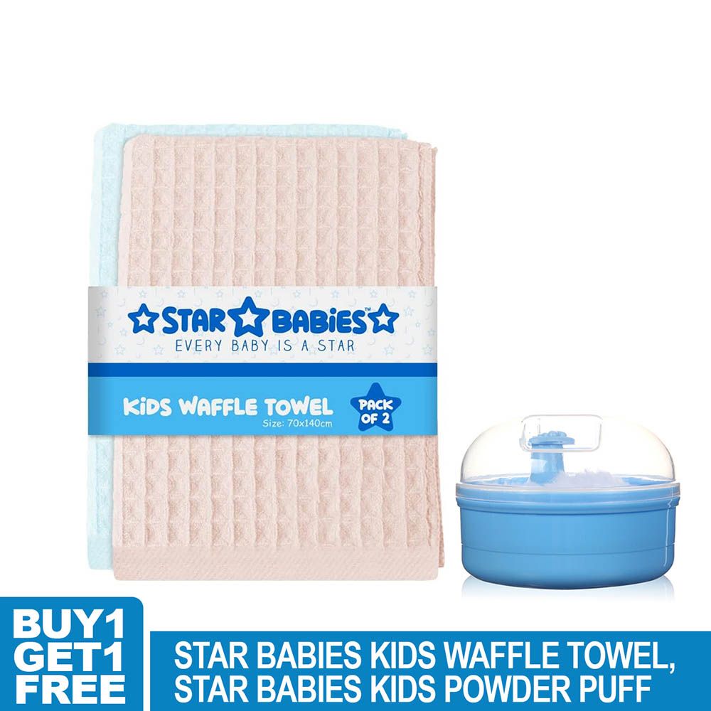 Star Babies - Waffle Towel - 70 x 140cm With Kids Powder Puff - Blue