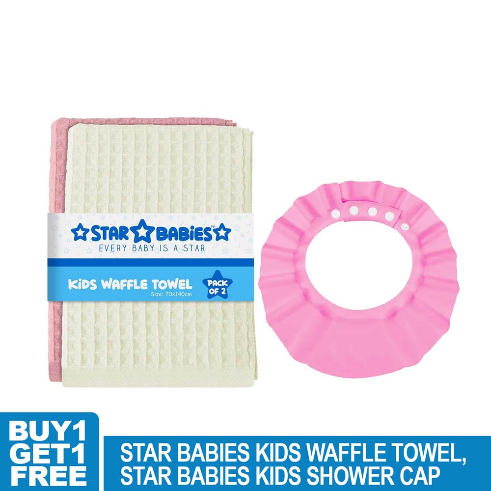 Star Babies - Waffle Towel - 2pcs - 70 x 140cm With Kids Shower Cap - Pink