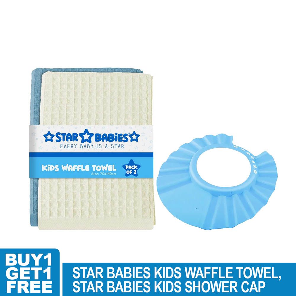 Star Babies - Waffle Towel - 70 x 140cm With Kids Shower Cap - Blue