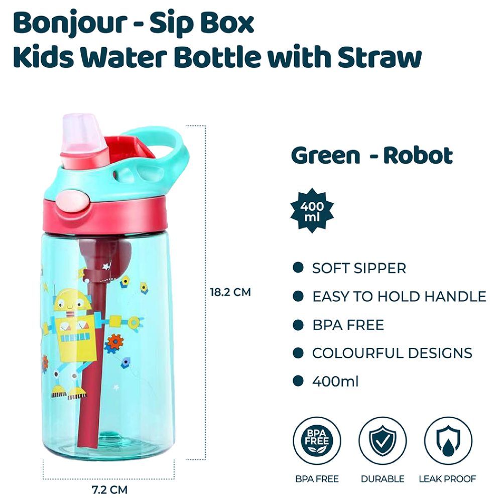 Bonjour - Sip Box Kids Water Bottle - Green Robot - 400 ml