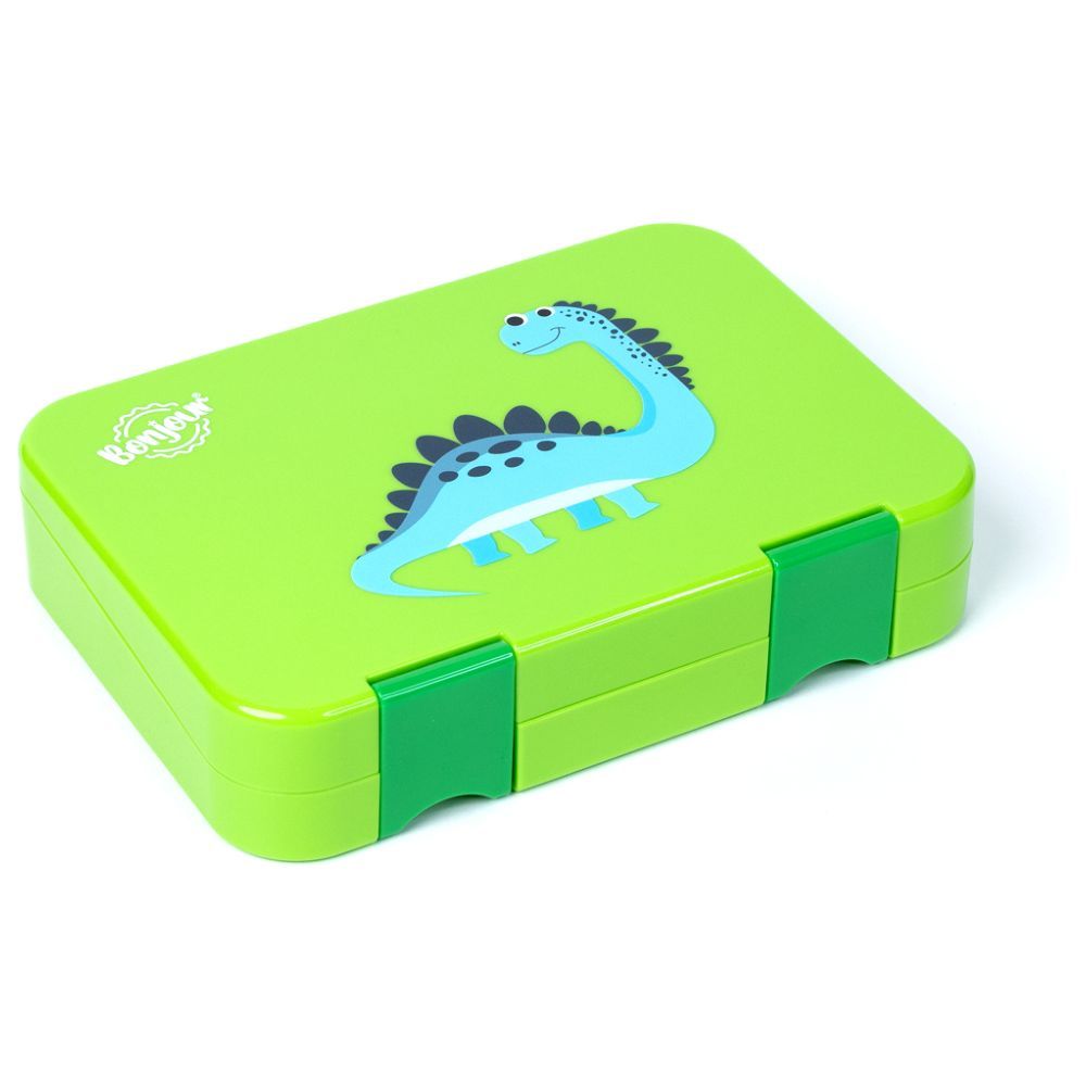 Bonjour - 4/6 Compartment Dual Lock Snax Box - Green Dino