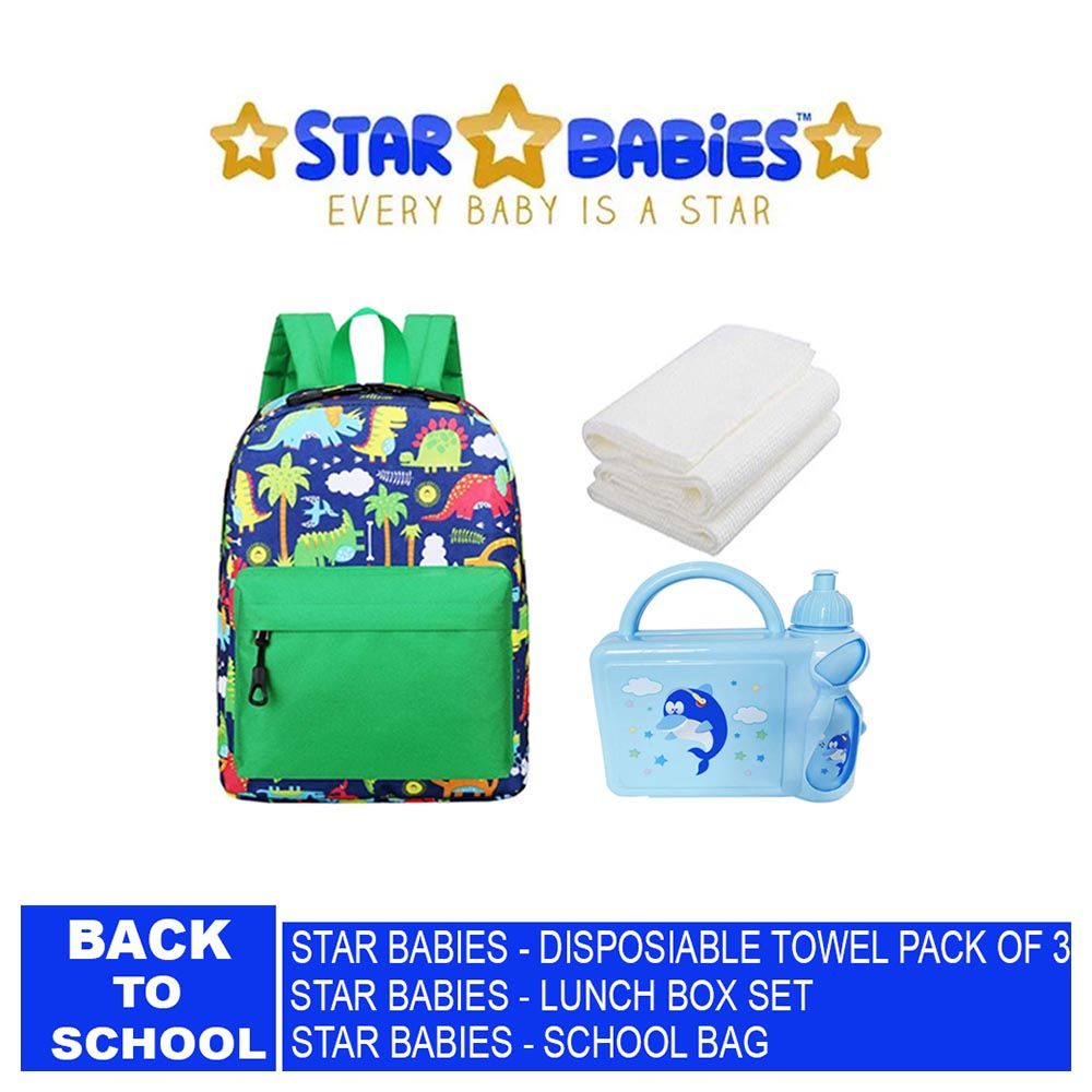 Star Babies - Disposable Towel 3pcs, Lunch Box Set & School Bag - 2.36-Inch - Green