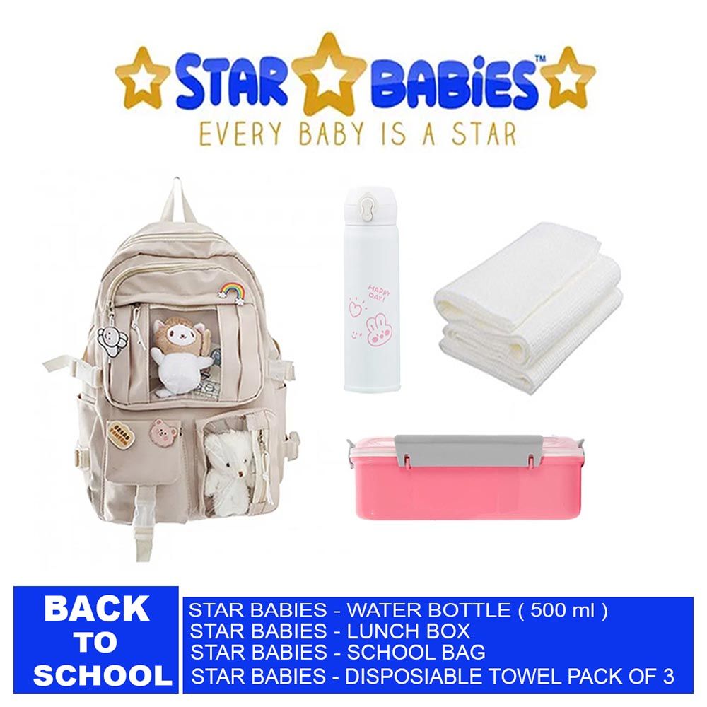 Star Babies - Water Bottle 500ml, School Bag, Disposable Towel 3pcs & Lunch Box - 11.02-Inch - Cream