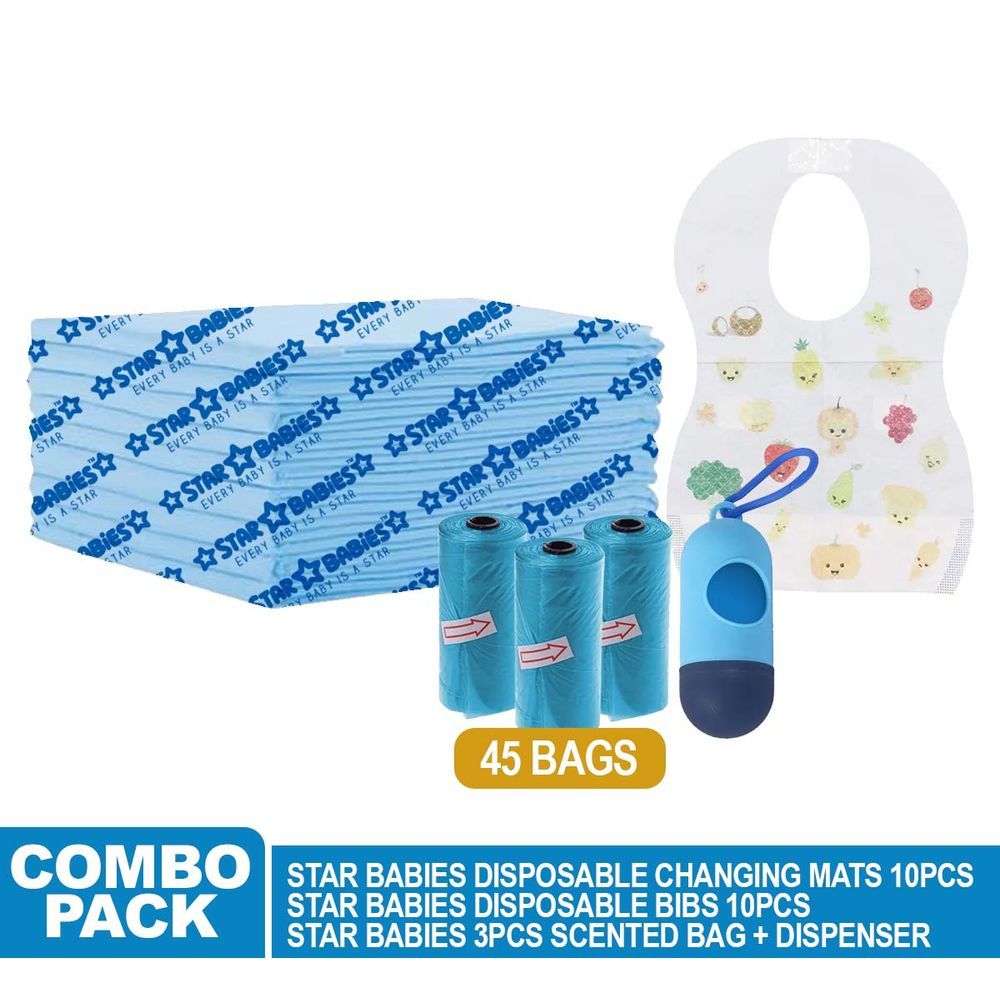 Star Babies - Changing Mat 10pcs Scented Bag w/ Dispenser 45pcs & Bibs 10pcs - Blue