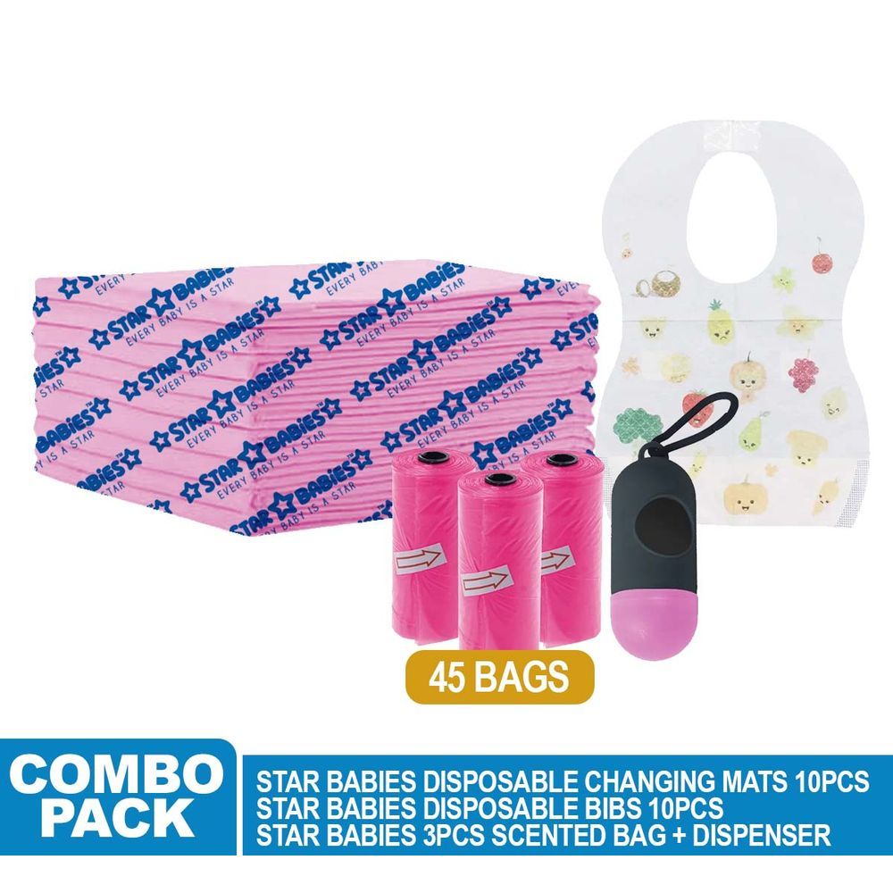 Star Babies - Changing Mat 10pcs Scented Bag w/ Dispenser 45pcs & Bibs 10pcs - Pink