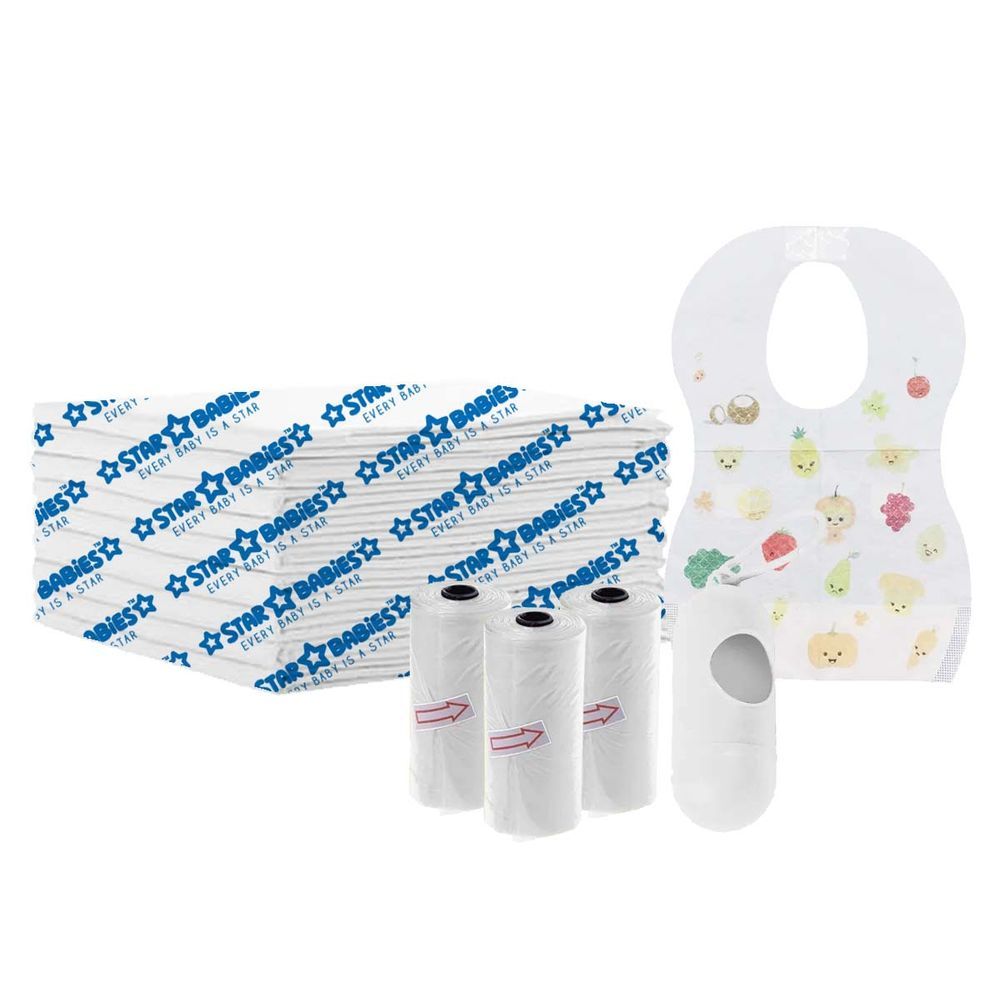 Star Babies - Changing Mat 10pcs Scented Bag w/ Dispenser 45pcs & Bibs 10pcs - White