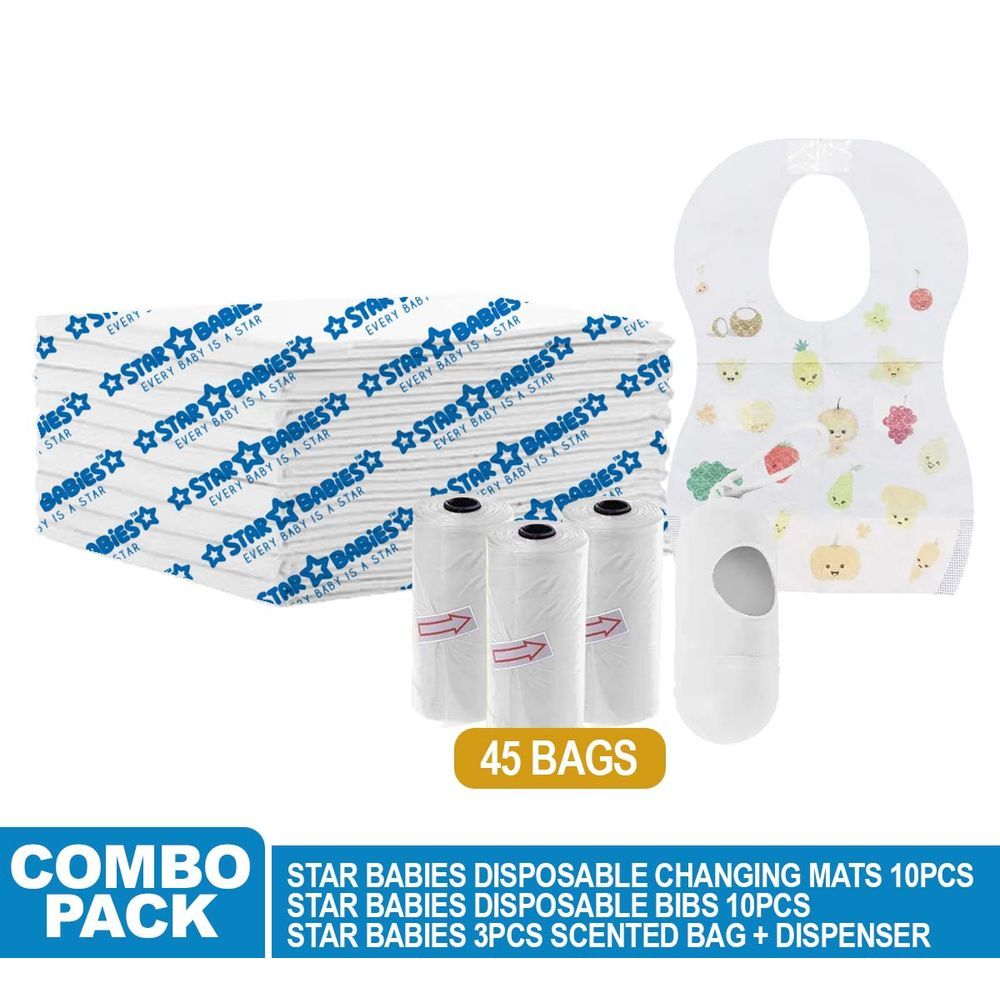 Star Babies - Changing Mat 10pcs Scented Bag w/ Dispenser 45pcs & Bibs 10pcs - White