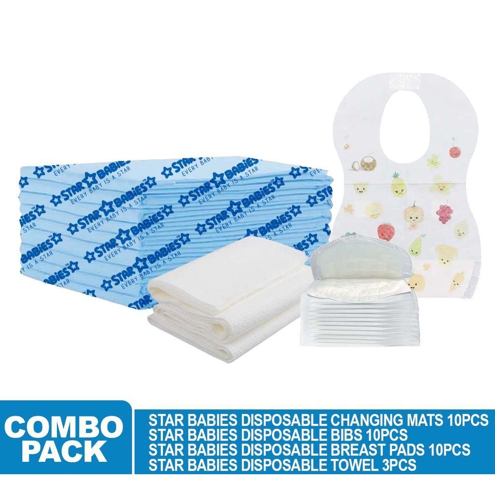 Star Babies - Disposable Changing Mat 10pcs, Bibs 10pcs, Breast Pad 10pcs, Disposable Towel 3pcs - Blue