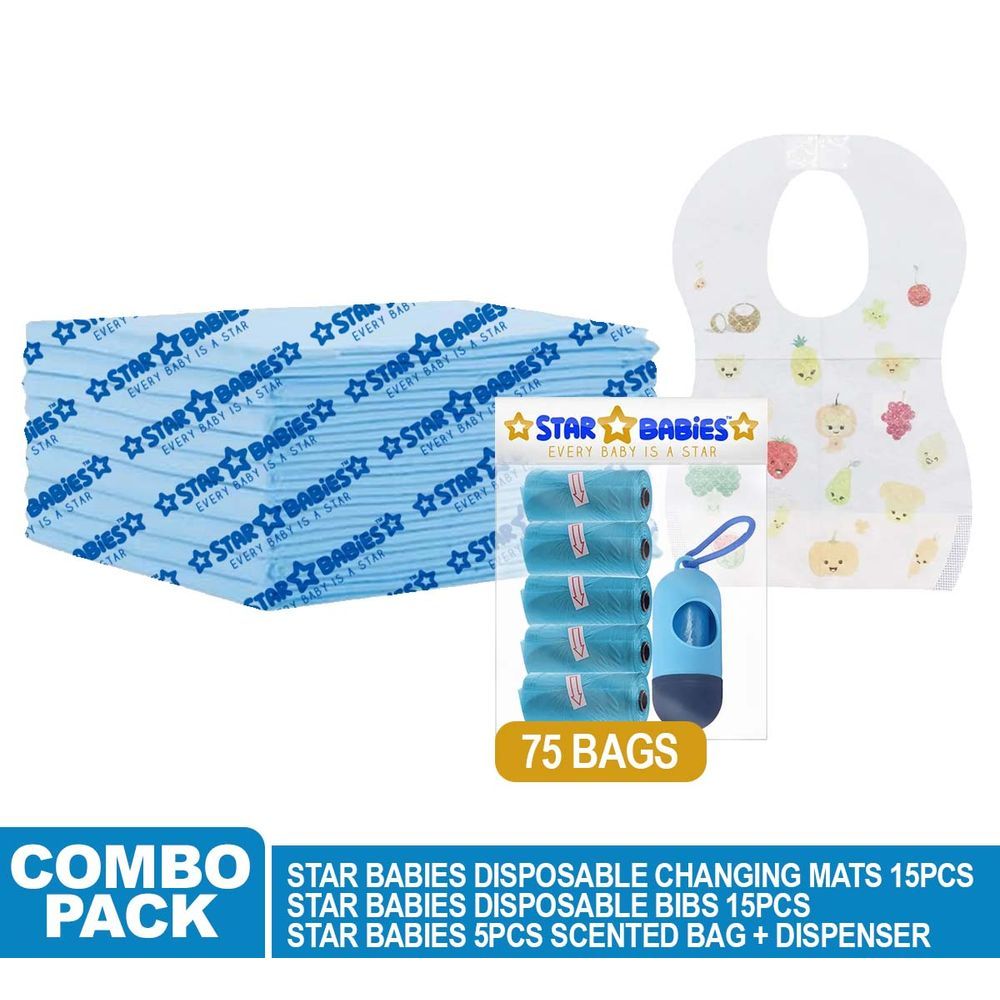 Star Babies - Changing Mat 15pcs Scented Bag w/ Dispenser 75pcs & Bibs 15pcs - Blue