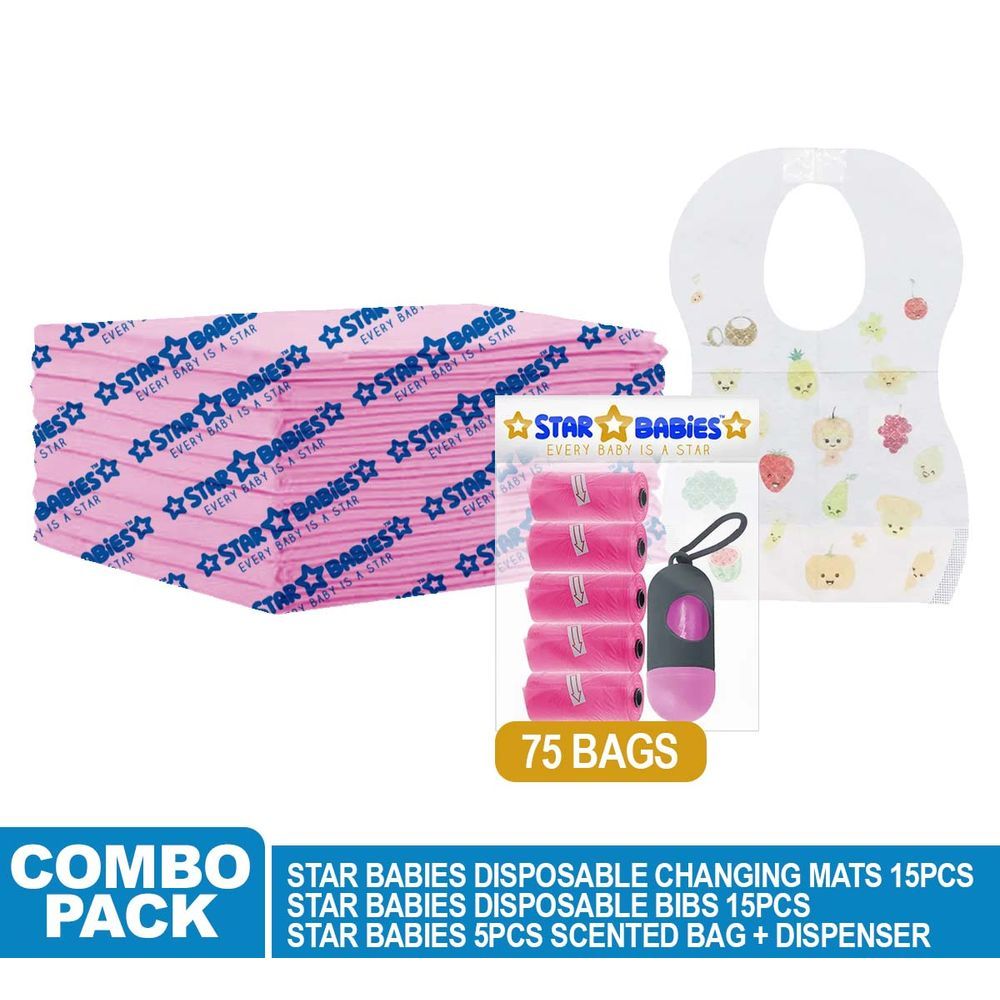 Star Babies - Changing Mat 15pcs Scented Bag w/ Dispenser 75pcs & Bibs 15pcs - Pink