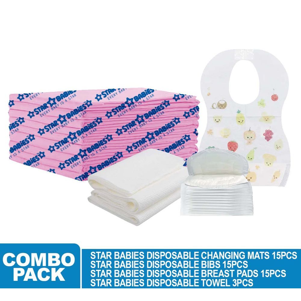 Star Babies - Disposable Changing Mat 15pcs, Bibs 15pcs, Breast Pad 15pcs, Disposable Towel 3pcs - Pink