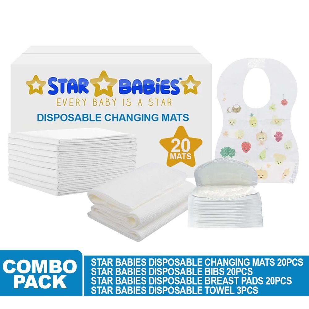 Star Babies - Disposable Changing Mat 20pcs, Bibs 20pcs, Breast Pad 20pcs, Disposable Towel 3pcs - White