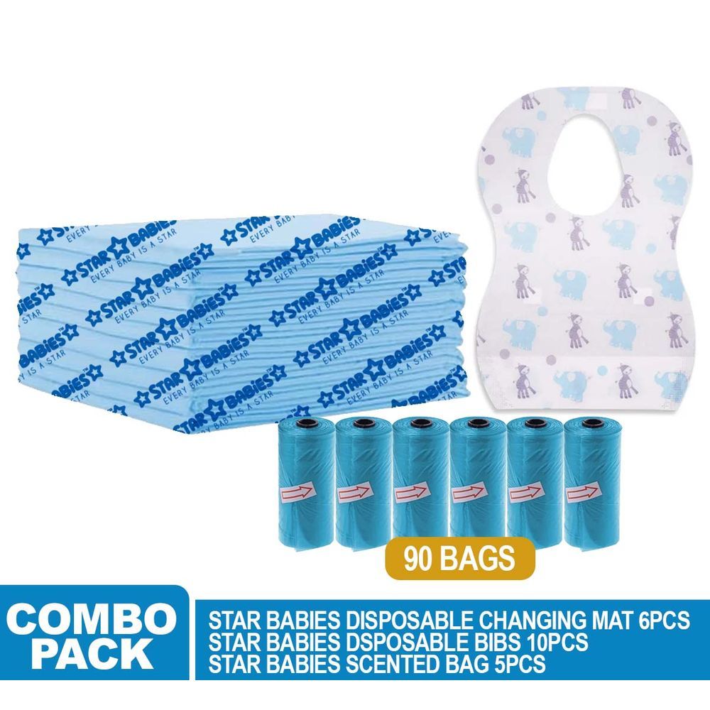 Star Babies - Disposable Changing Mat 5pcs, Scented Bag 6pcs 90pcs w/ Disposable Bibs 10pcs - Blue