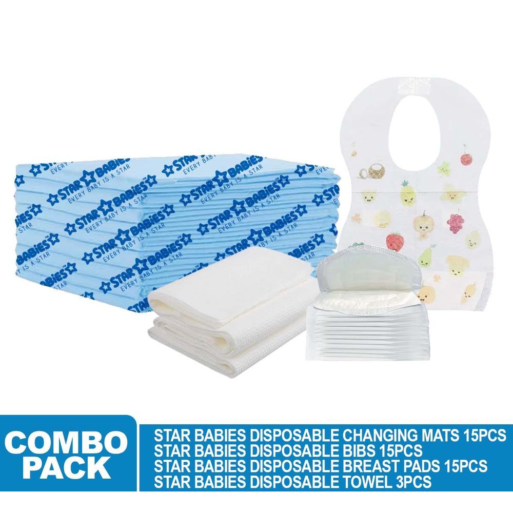 Star Babies - Disposable Changing Mat 15pcs, Bibs 15pcs, Breast Pad 15pcs, Disposable Towel 3pcs - Blue