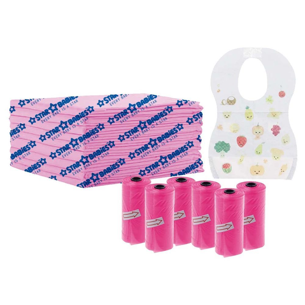 Star Babies - Disposable Changing Mat 5pcs, Scented Bag 6pcs 90pcs w/ Disposable Bibs 10pcs - Pink