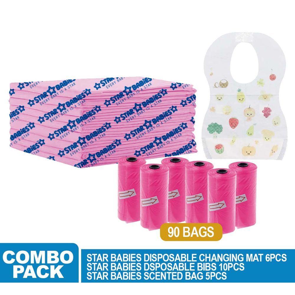 Star Babies - Disposable Changing Mat 5pcs, Scented Bag 6pcs 90pcs w/ Disposable Bibs 10pcs - Pink