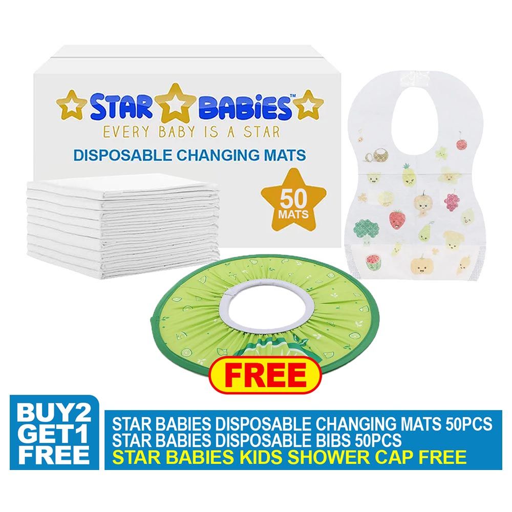 Star Babies - Changing Mat 50pcs, Bibs 50pcs w/ Green Shower Cap - White