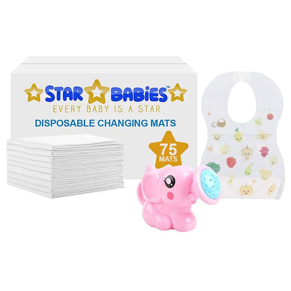 Star Babies - Changing Mat 75pcs, Bibs 75pcs w/ Pink Kettle Toy - White