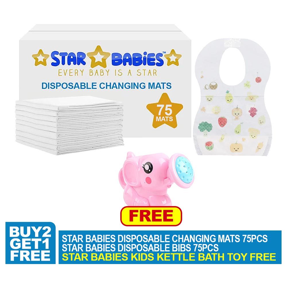 Star Babies - Changing Mat 75pcs, Bibs 75pcs w/ Pink Kettle Toy - White