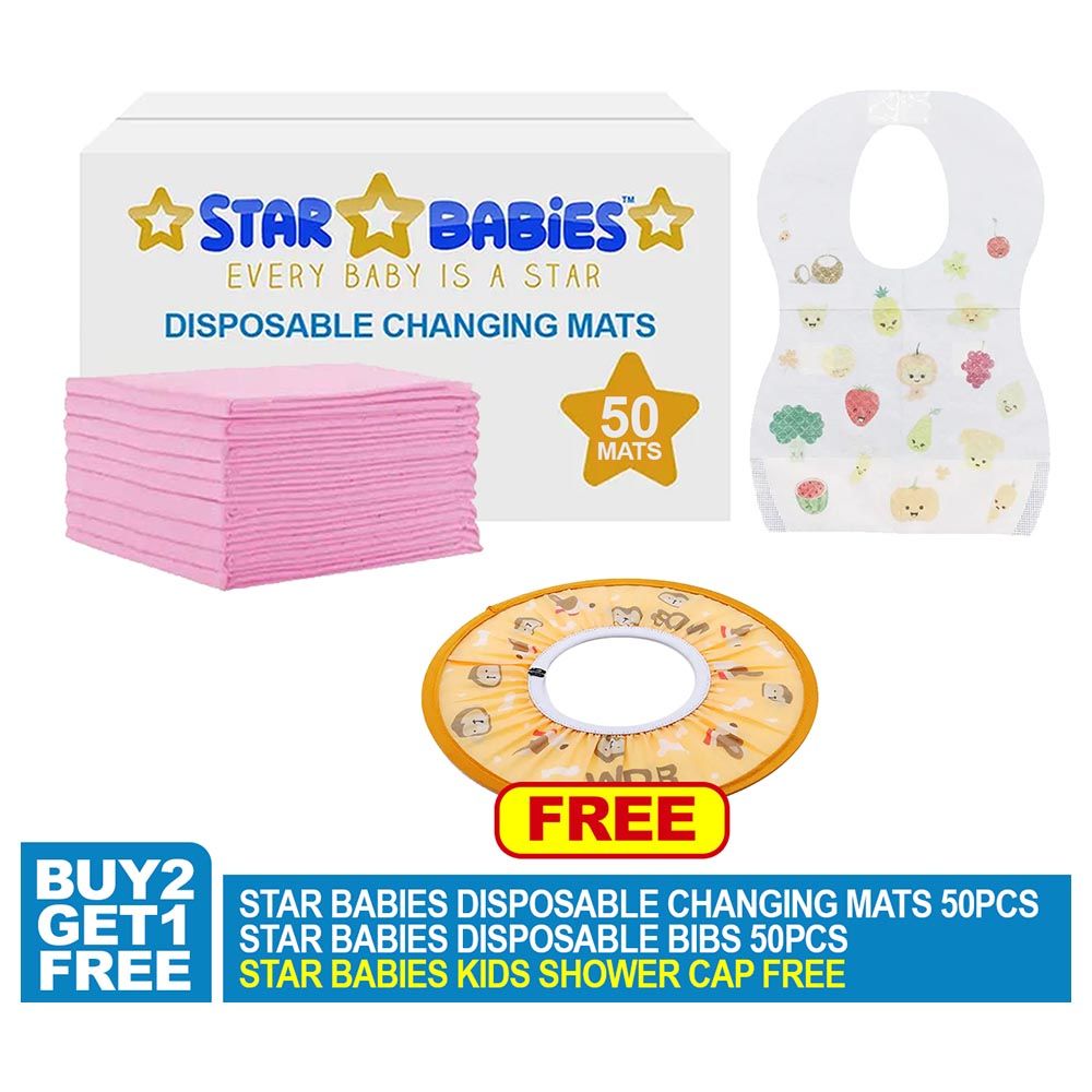 Star Babies - Changing Mat 50pcs, Bibs 50pcs w/ Orange Shower Cap - Pink