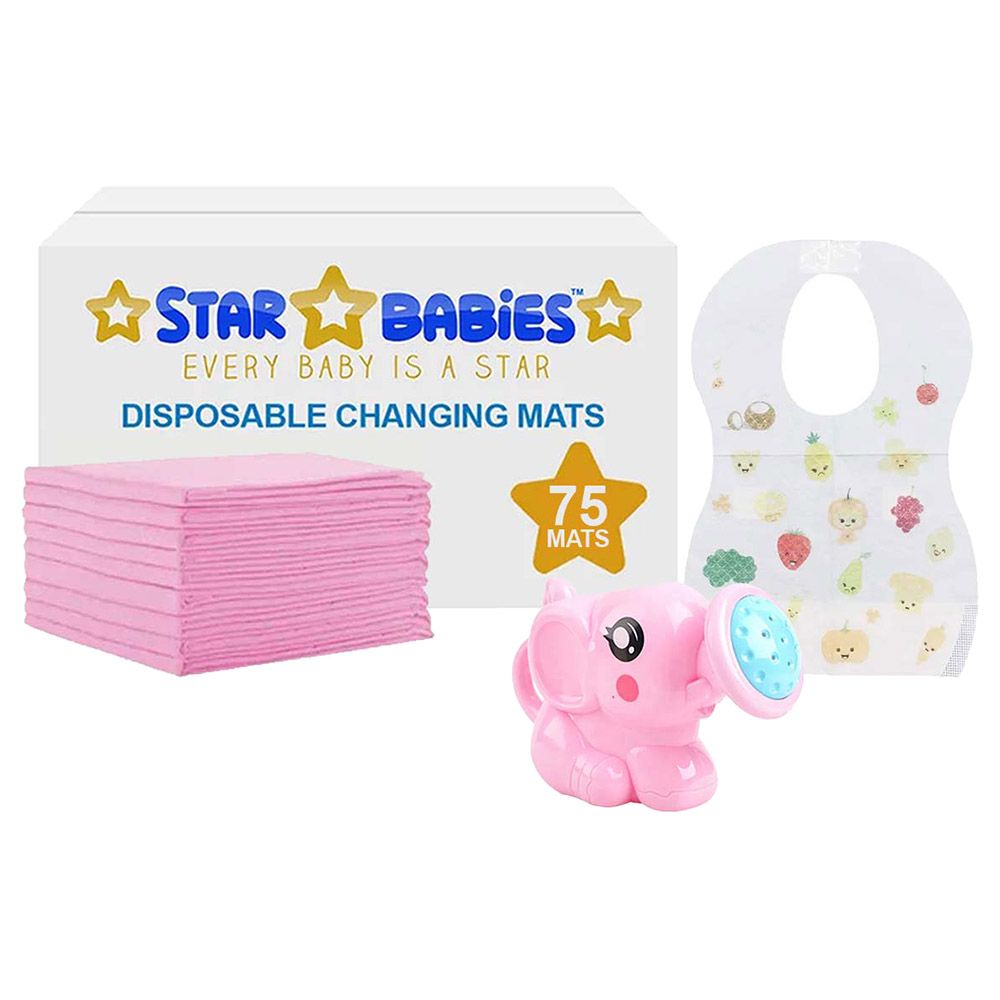 Star Babies - Changing Mat 75pcs, Bibs 75pcs w/ Pink Kettle Toy - Pink