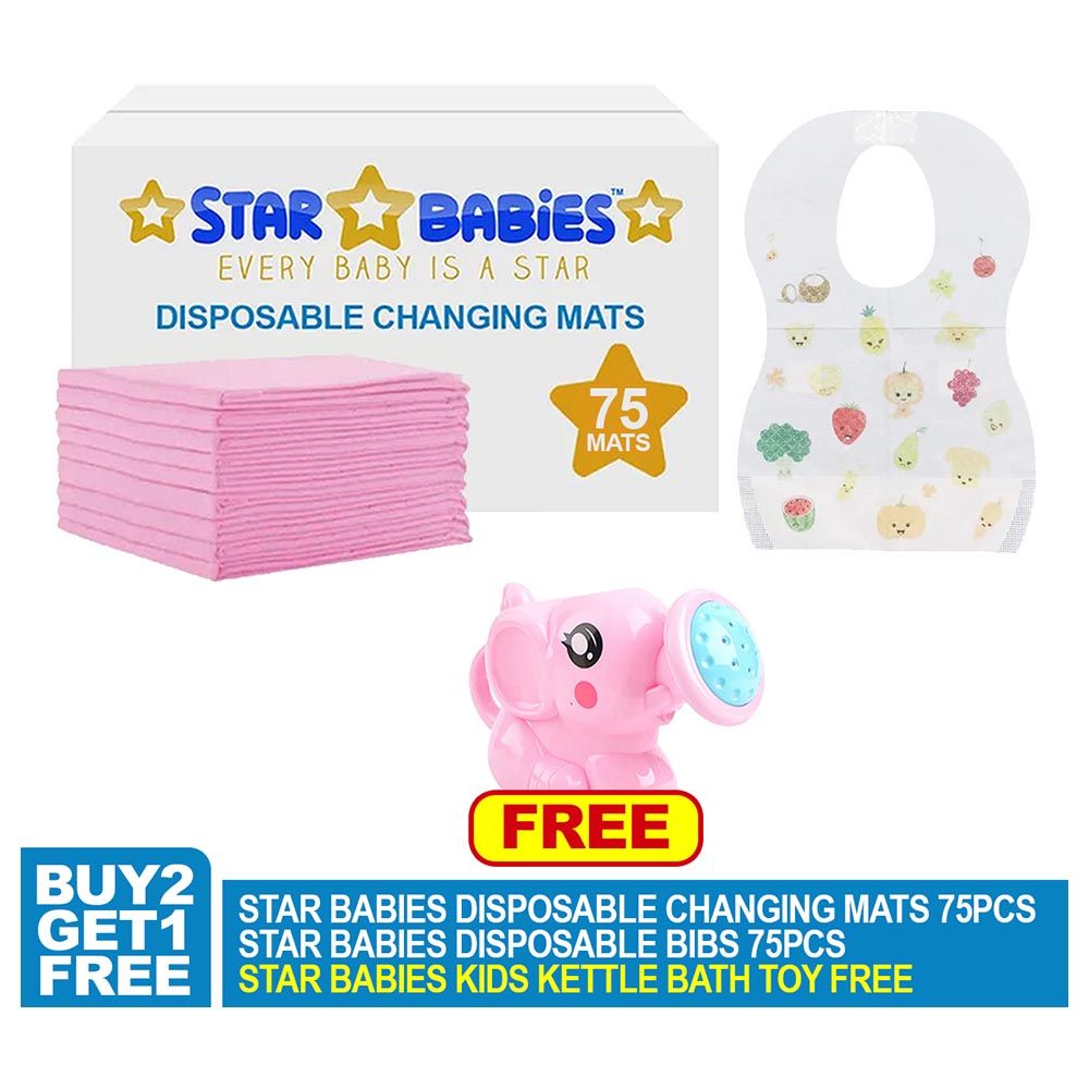 Star Babies - Changing Mat 75pcs, Bibs 75pcs w/ Pink Kettle Toy - Pink