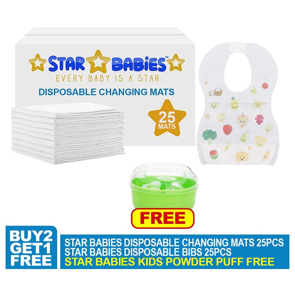 Star Babies - Changing Mat 25pcs, Bibs 25pcs w/ Green Powder Puff - White