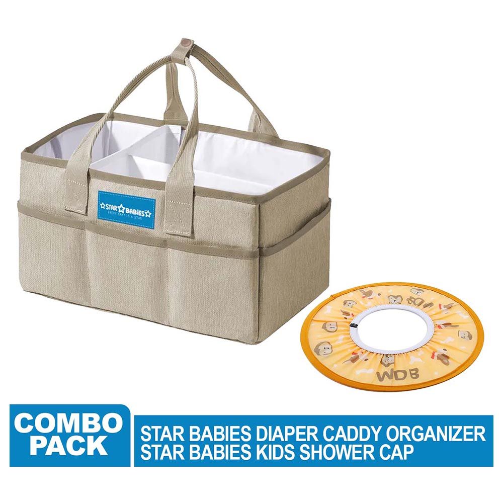 Star Babies - Diaper Caddy Organizer w/ Orange Shower Cap Round - Khaki