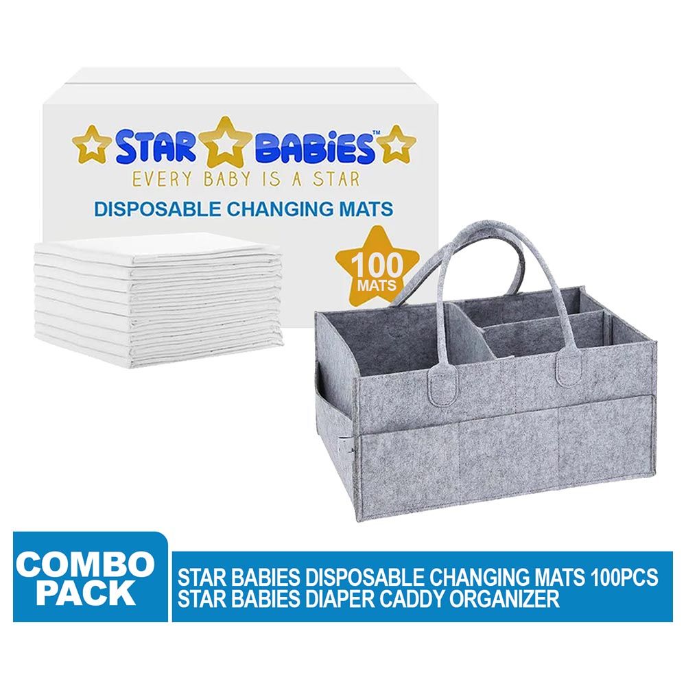 Star Babies - Regular Diaper Caddy Organizer w/ Disposable Changing Mat 100pcs - Grey