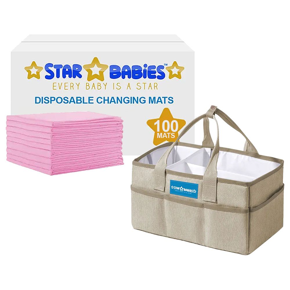 Star Babies - Diaper Caddy Organizer Big w/ Disposable Changing Mat 100pcs - Beige