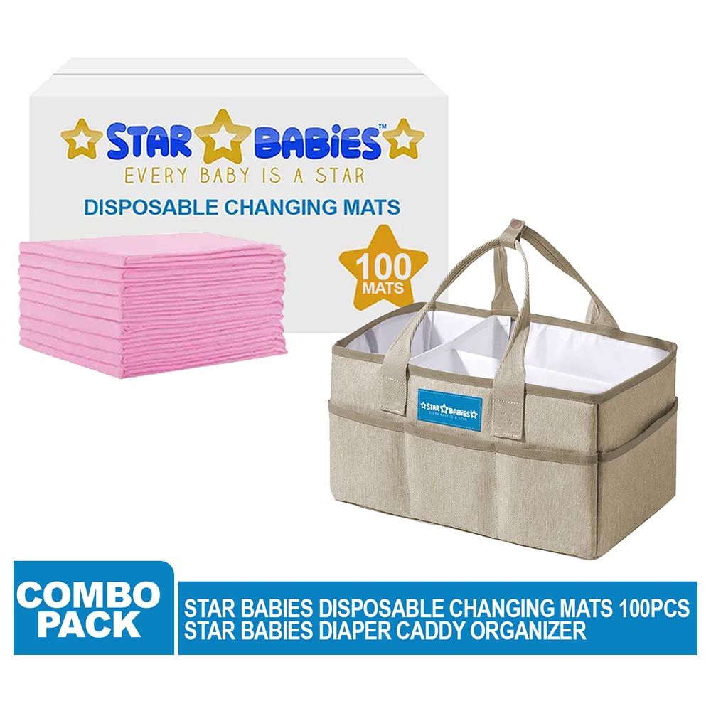 Star Babies - Diaper Caddy Organizer Big w/ Disposable Changing Mat 100pcs - Beige