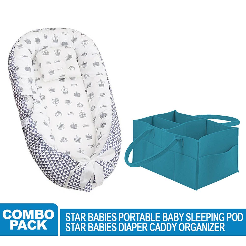 Star Babies - Baby Bed Sleeping Pod w/ Caddy Diaper Organizer - Turquoise