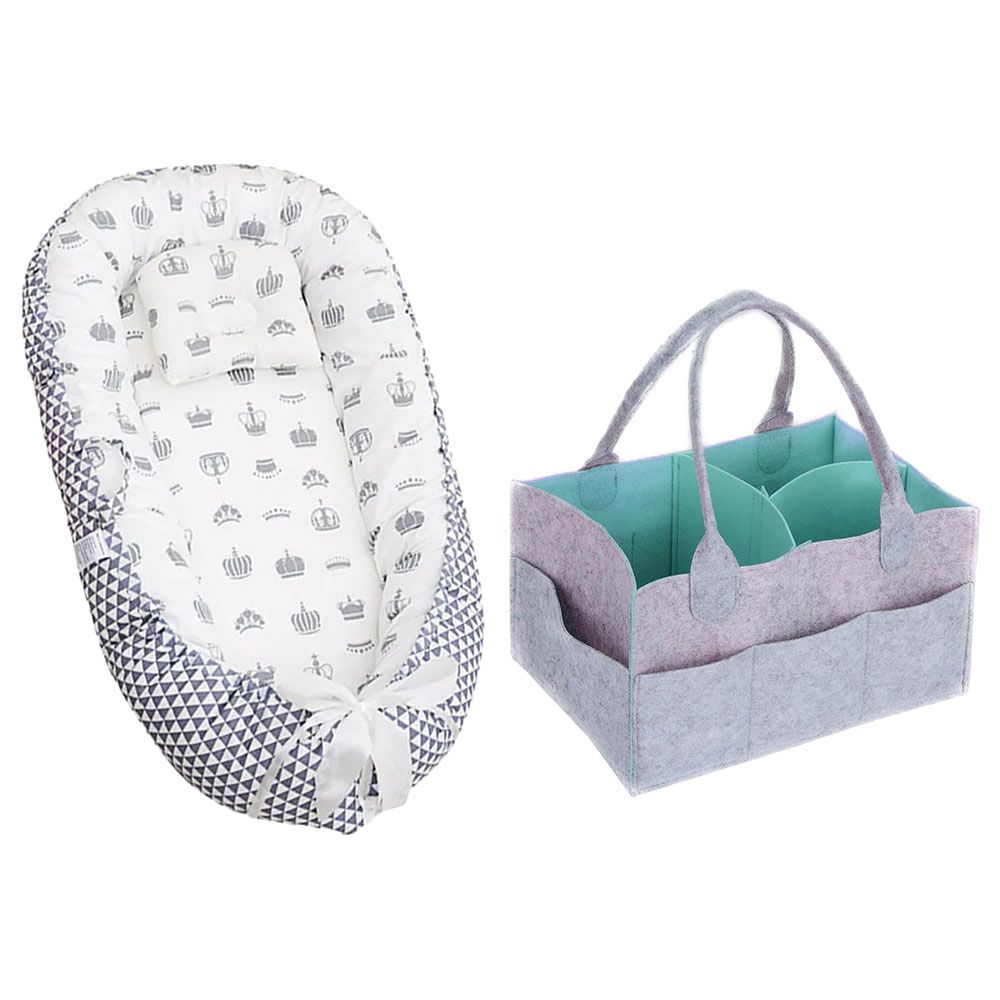 Star Babies - Baby Bed Sleeping Pod w/ Caddy Diaper Organizer - Green Grey