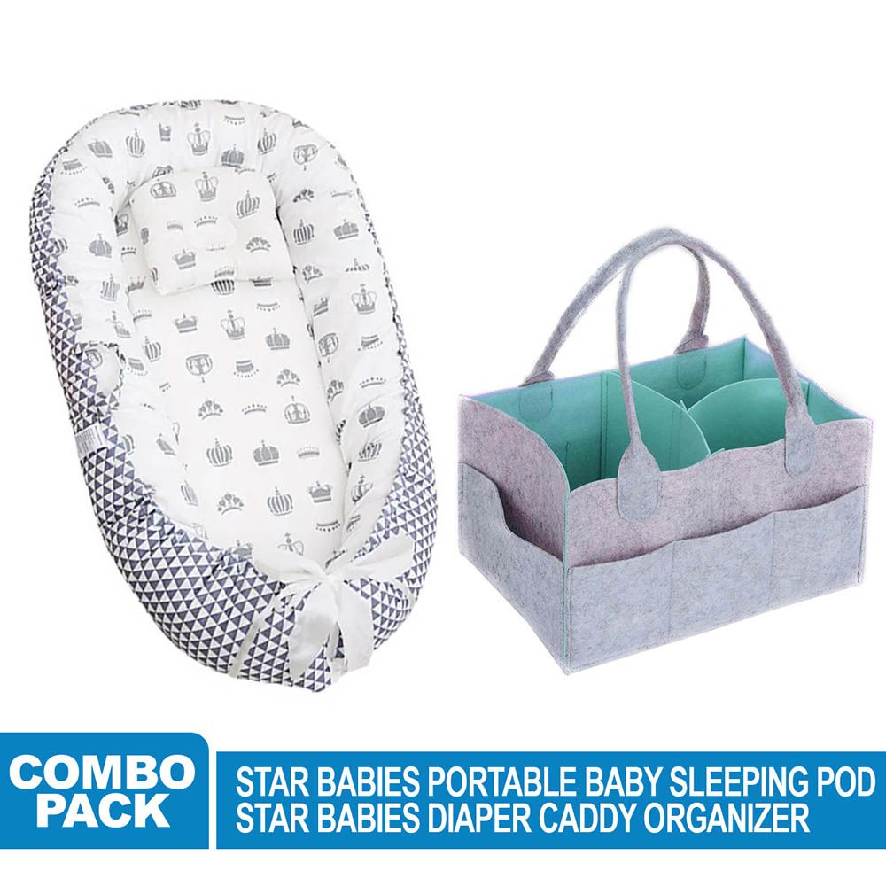 Star Babies - Baby Bed Sleeping Pod w/ Caddy Diaper Organizer - Green Grey