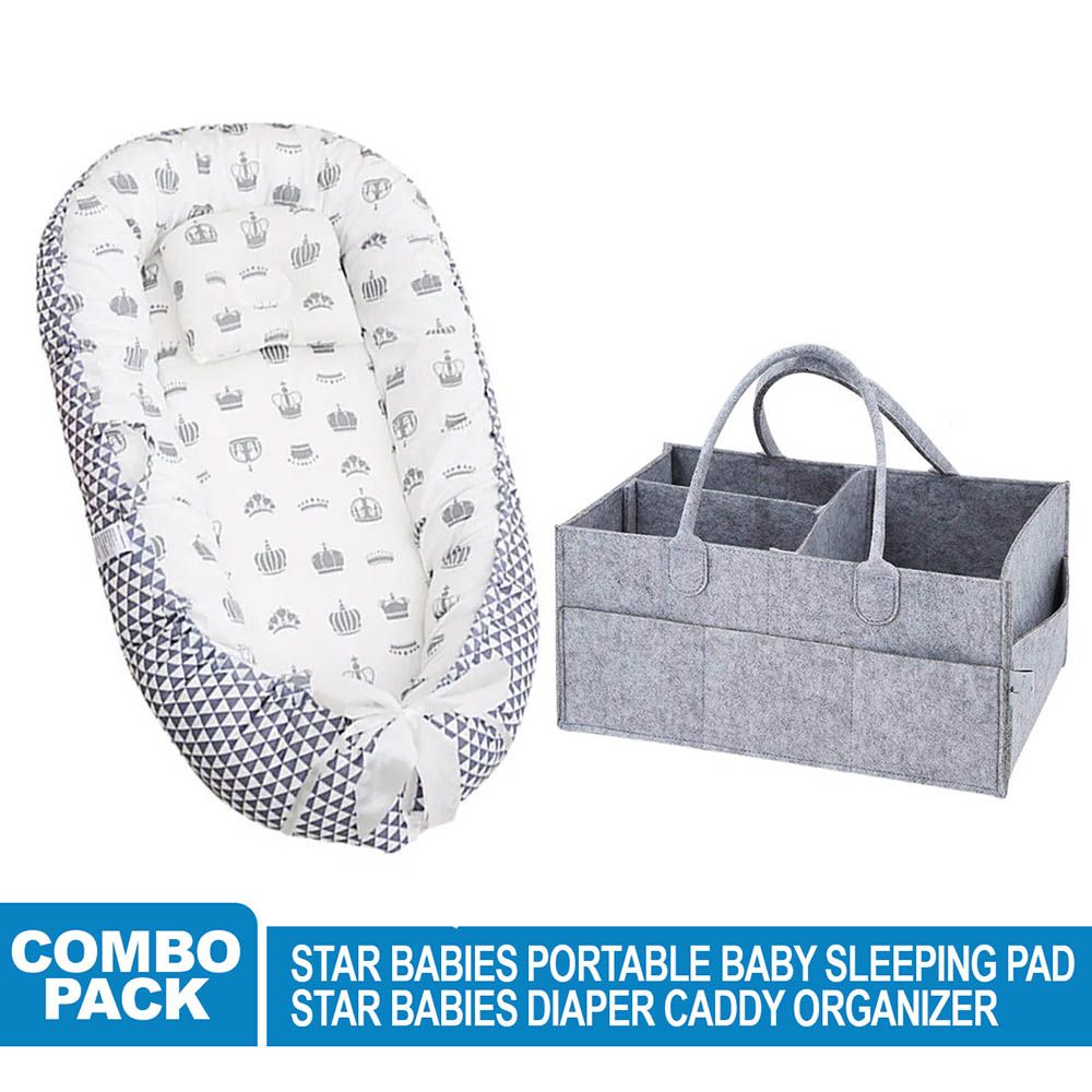 Star Babies - Baby Bed Sleeping Pod - Black w/ Caddy Diaper Organizer - Grey