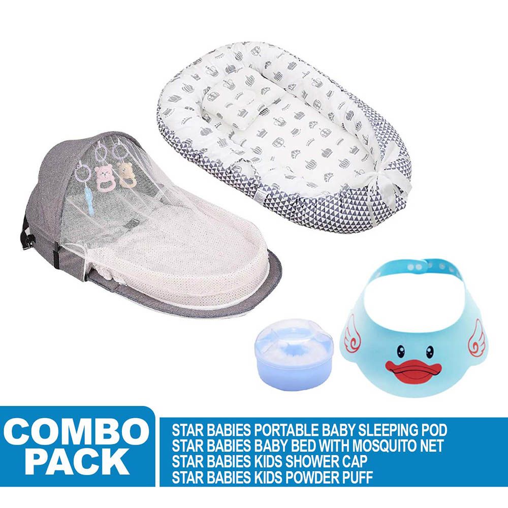 Star Babies - Baby Sleeping Mosquito Bed - Grey w/ Shower Cap & Powder Puff - Blue