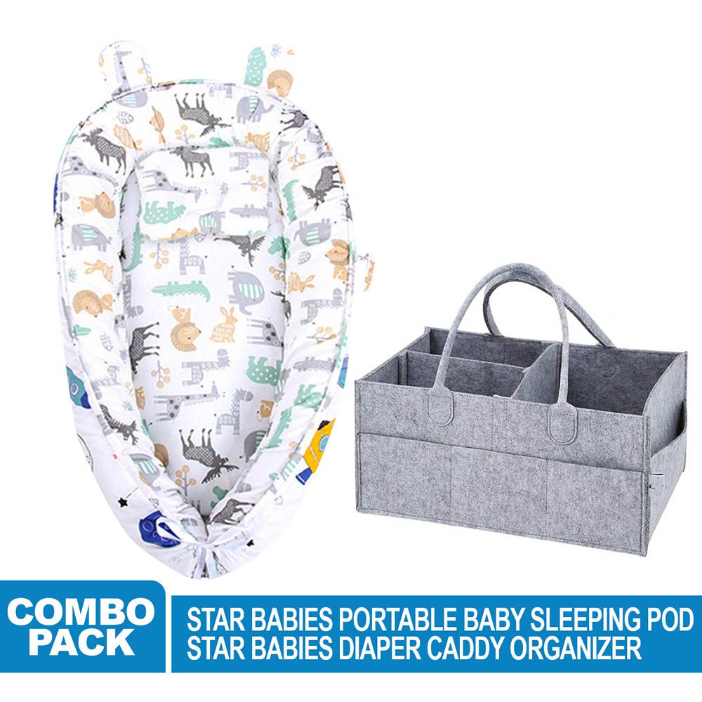 Star Babies - Baby Bed Sleeping Pod White w/ Caddy Diaper Organizer - Grey