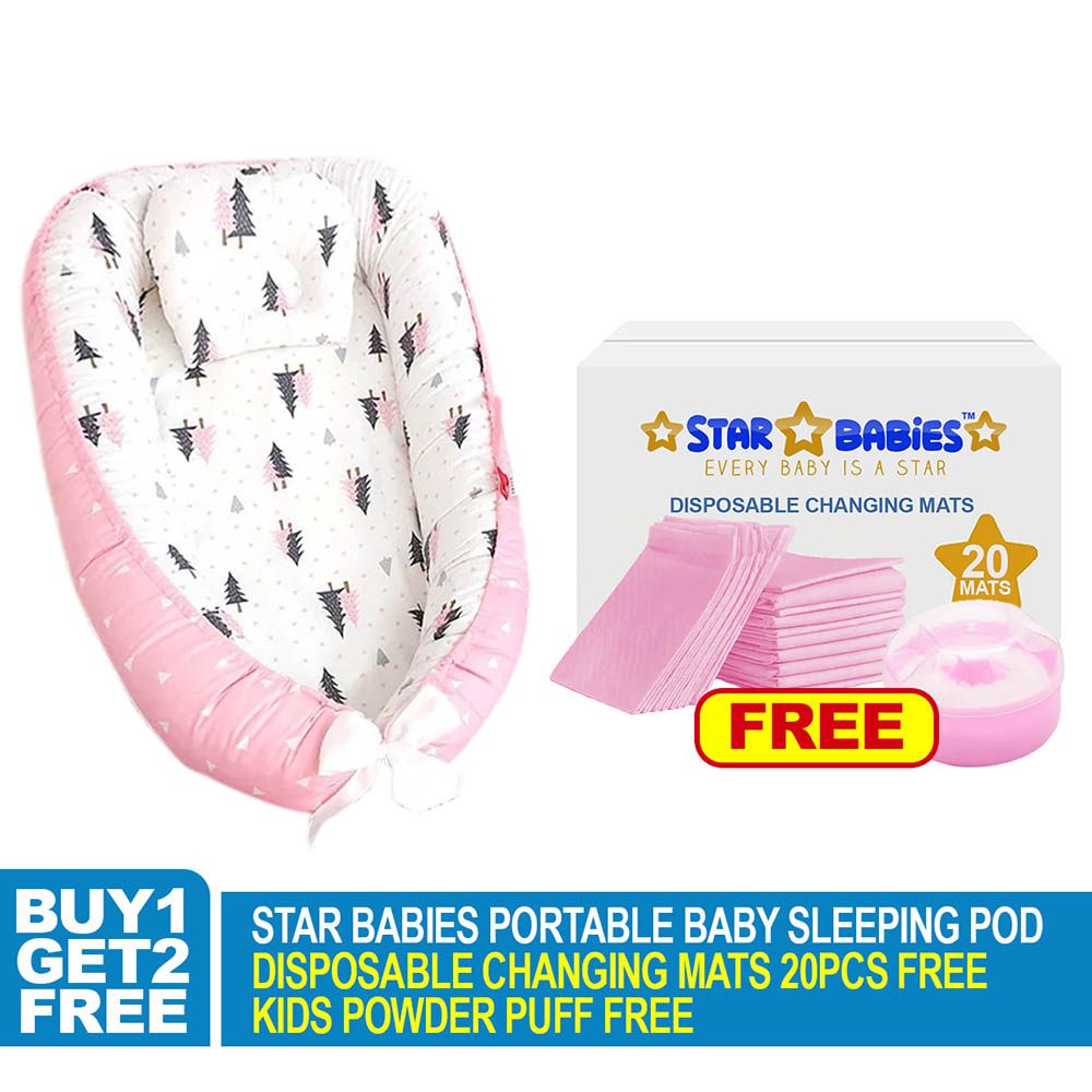 Star Babies - Baby Sleeping Bed Pod w/ Changing Mat - 20pcs & Powder Puff - Pink