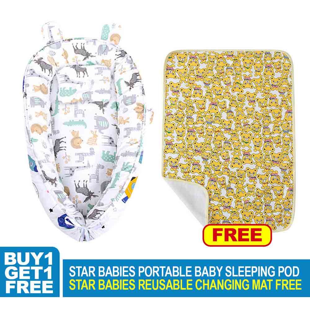 Star Babies - Baby Sleeping Bed Pod White Printed w/ Reusable Changing Mat - Bear - Yellow