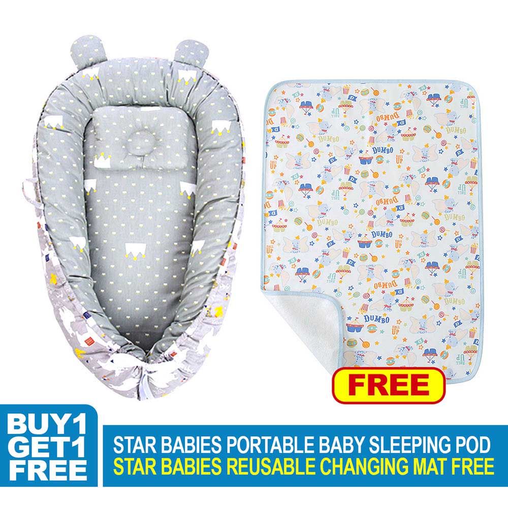 Star Babies - Baby Sleeping Bed Pod Grey Printed w/ Reusable Changing Mat - Dumbo - Light Blue