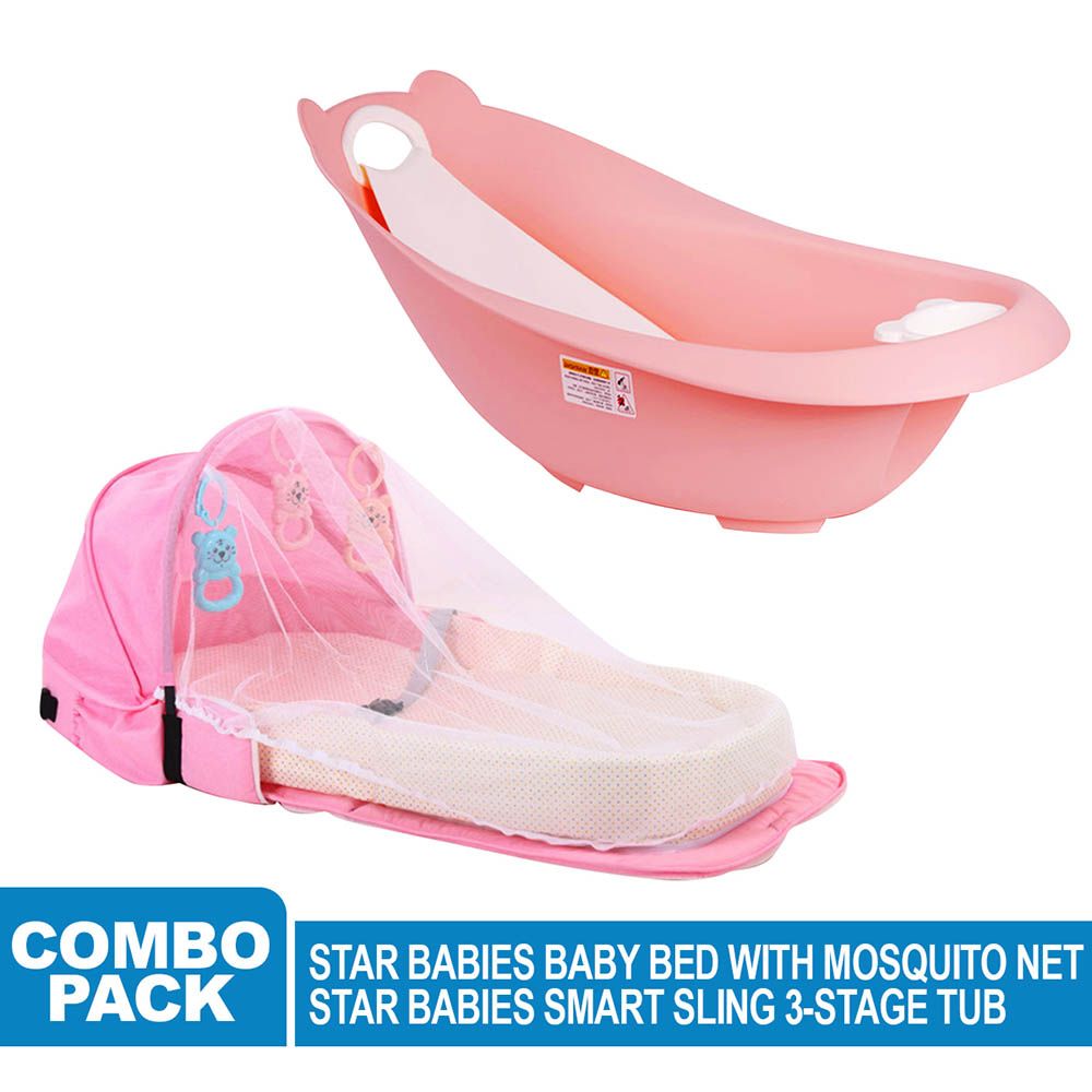 Star Babies - Baby Mosquito Bed w/ Smart Sling 3 Stage Bath Tub - Pink