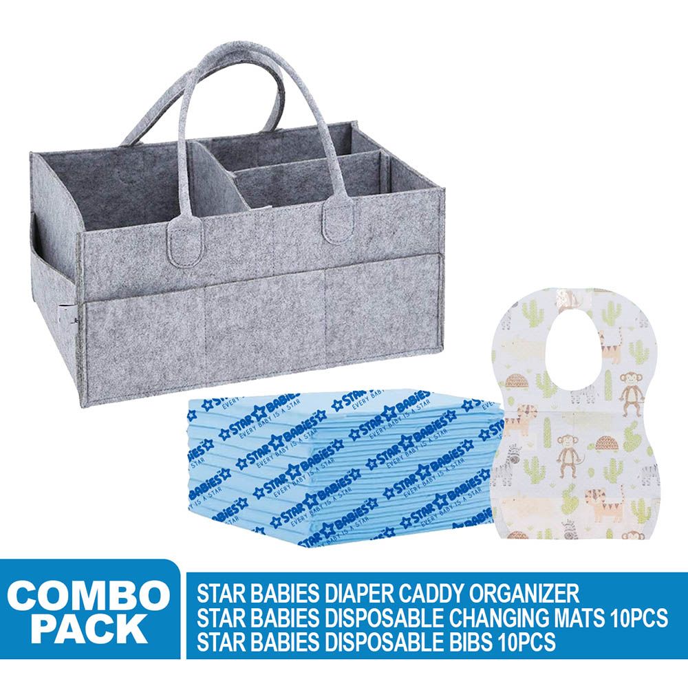 Star Babies - Caddy Diaper Organizer - Grey w/ Disposable Bibs - 10pcs & Changing Mat - 10pcs - Blue